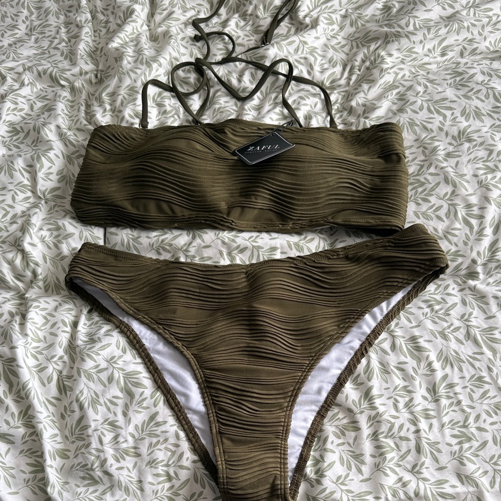 Awful Olive Textured Bandeau Bikini Set - Women Swim